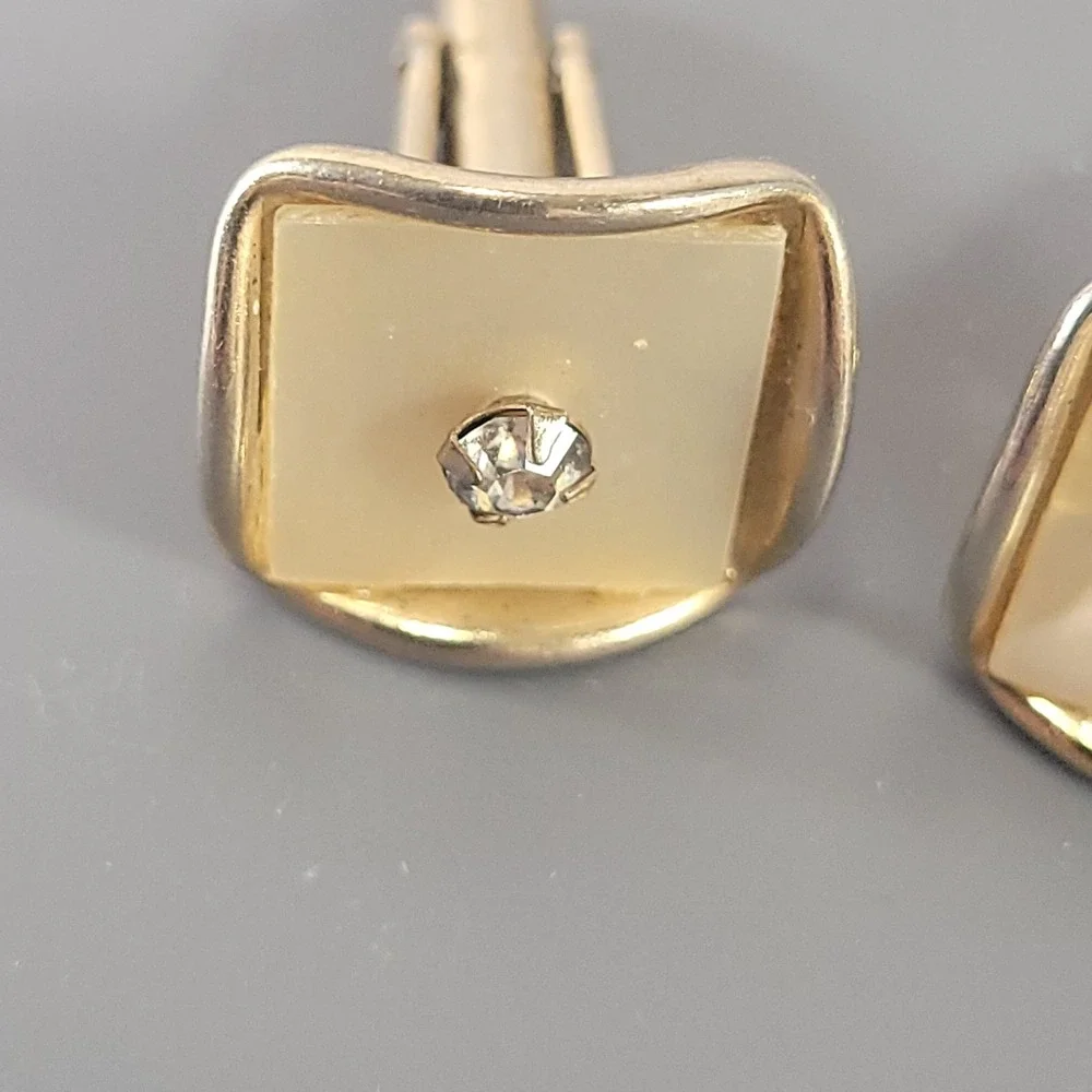 Vintage Gold Tone‎ Cufflinks Mother of Pearl Rhinestone Square Mens Formal